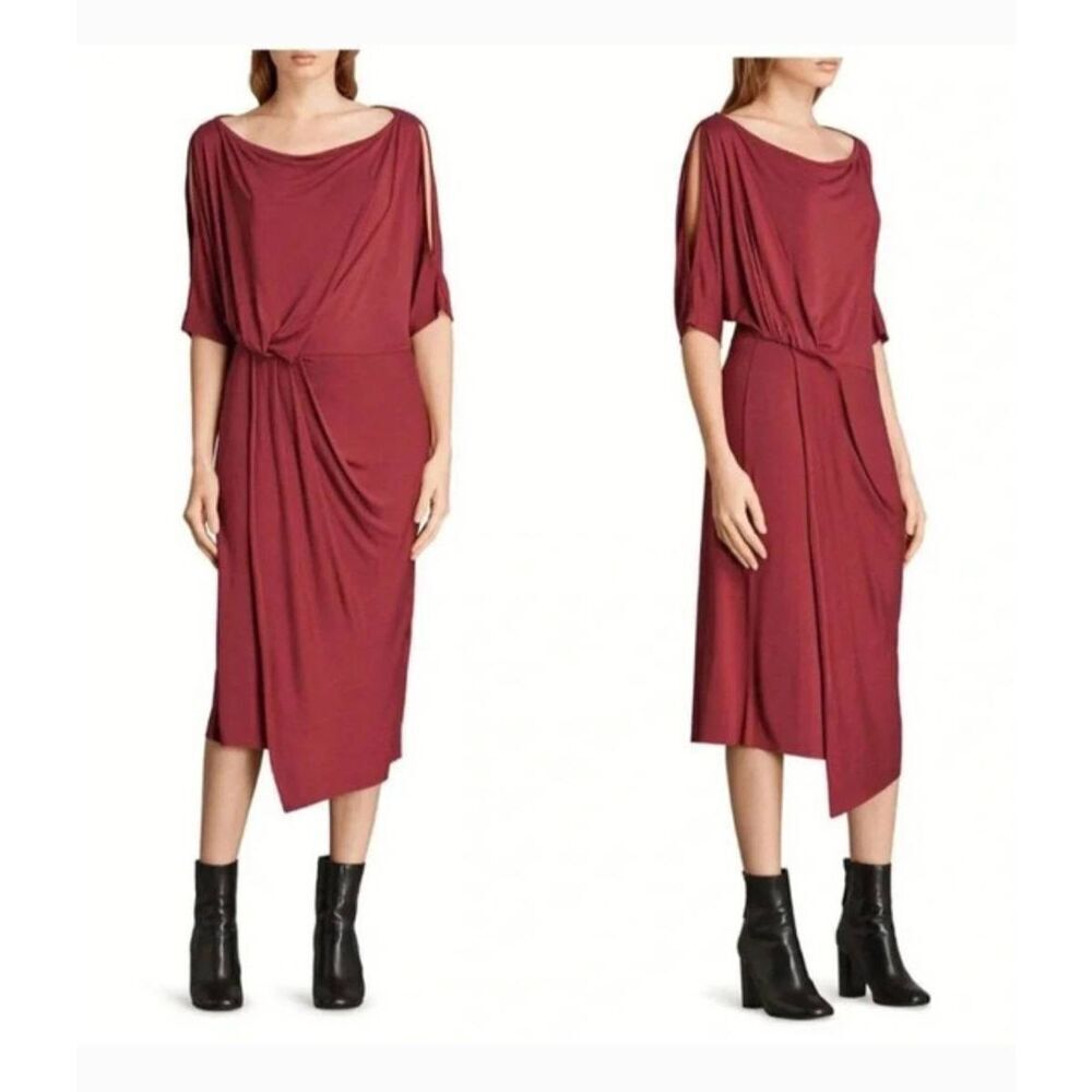AllSaints Sina Berry Red Satin Midi Dress Size‎ 6